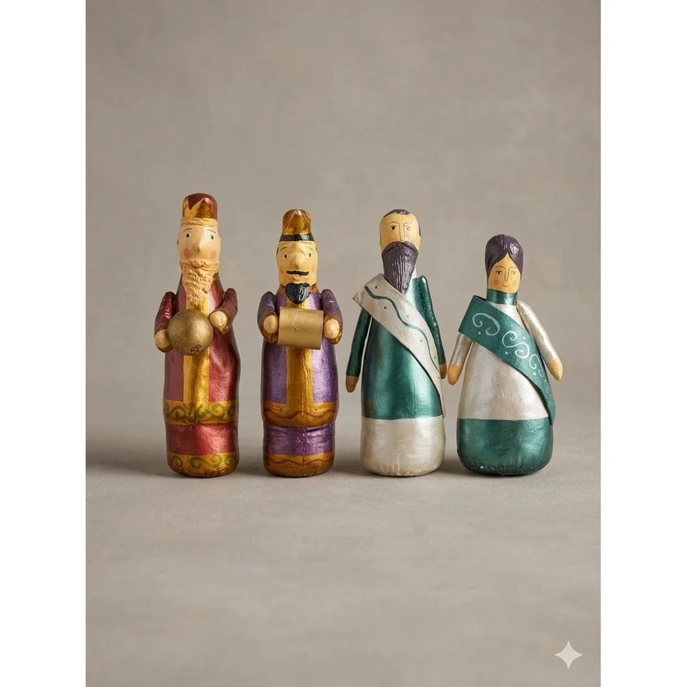 Vtg Folk Art Nativity Set 4 Piece Metallic Fabric‎ Mary Three Wise Men Figures